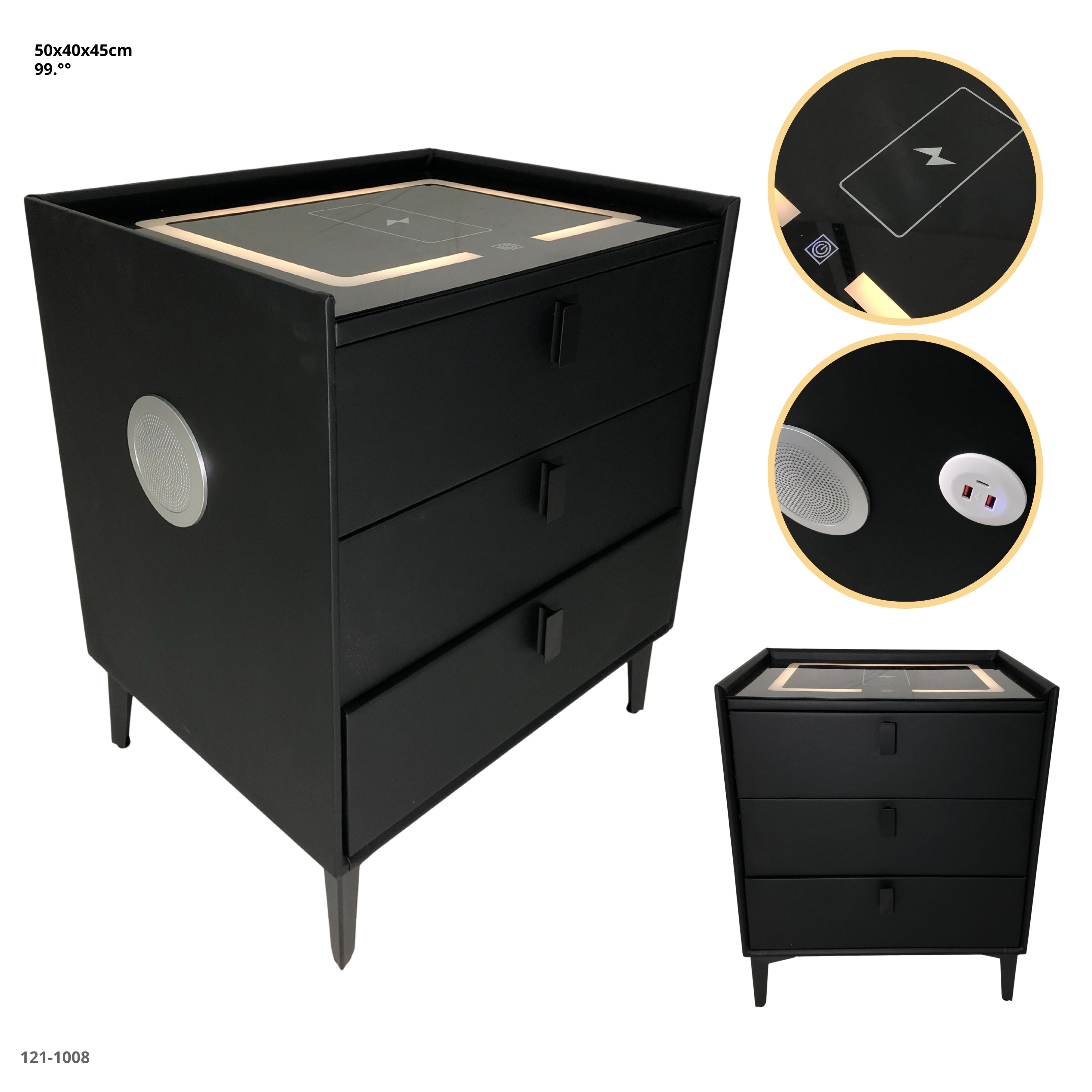 MESITA NEGRA DE NOCHE CON BLUETOOTH+LUZ+CARGADOR 3 GAVETAS
