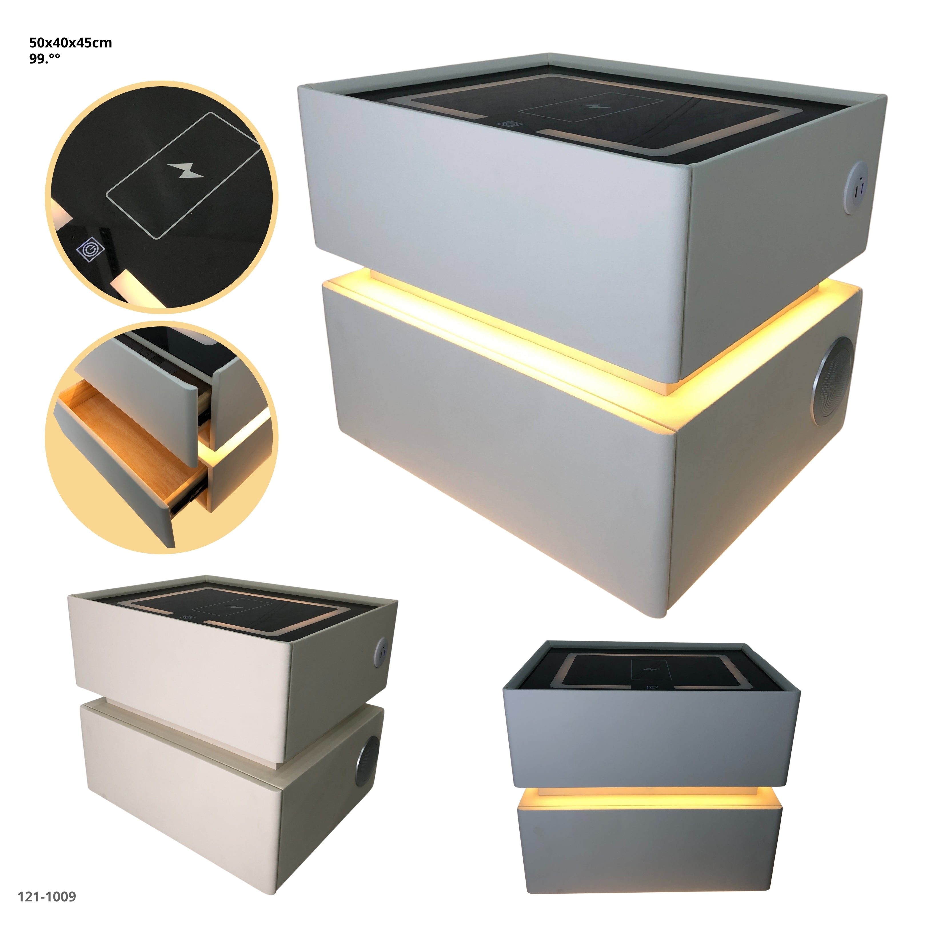 MESITA FLOTANTE BLANCA DE NOCHE CON BLUETOOTH+LUZ+CARGADOR 2 GAVETAS