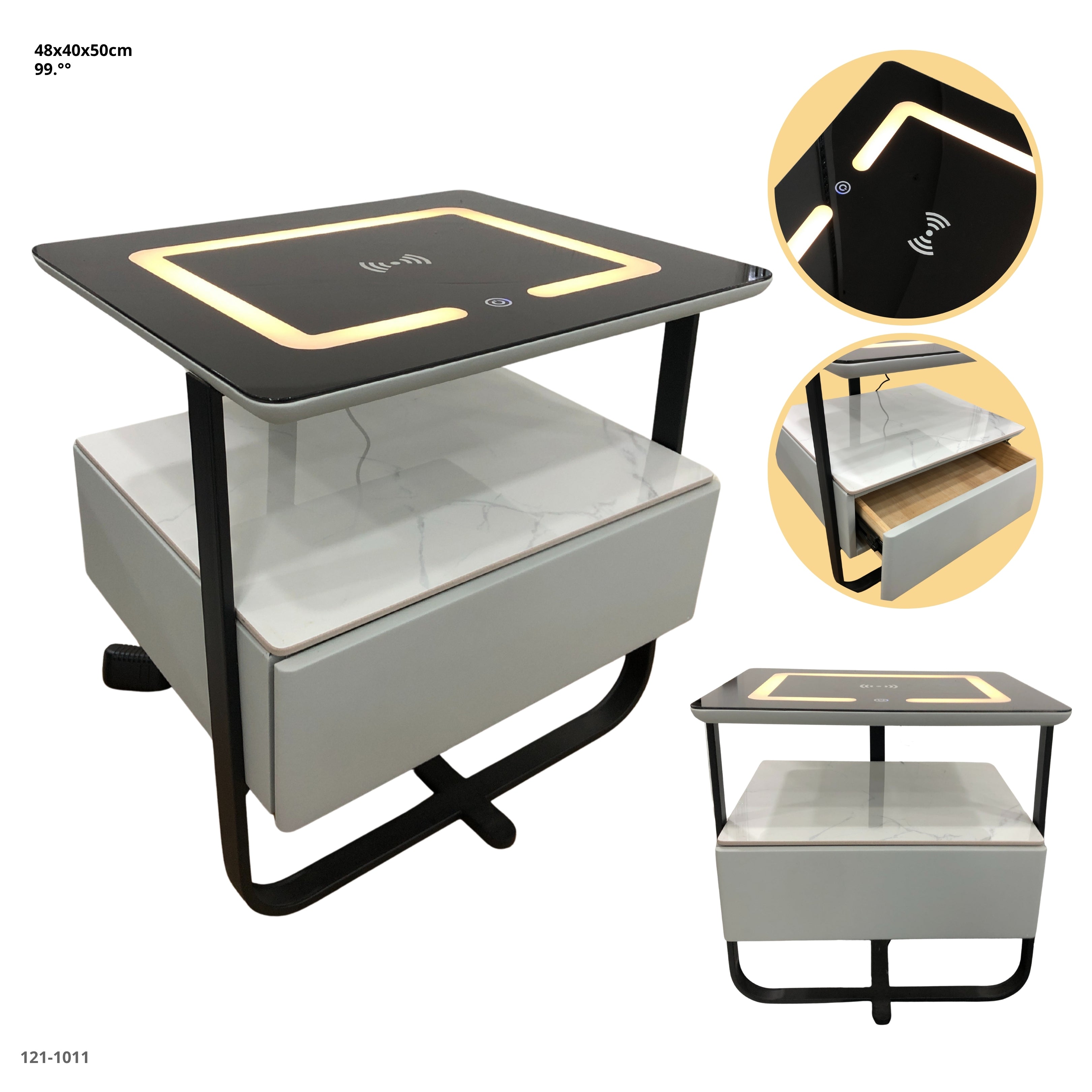 MESITA GRIS CLARO DE NOCHE CON LUZ+CARGADOR 1 GAVETA