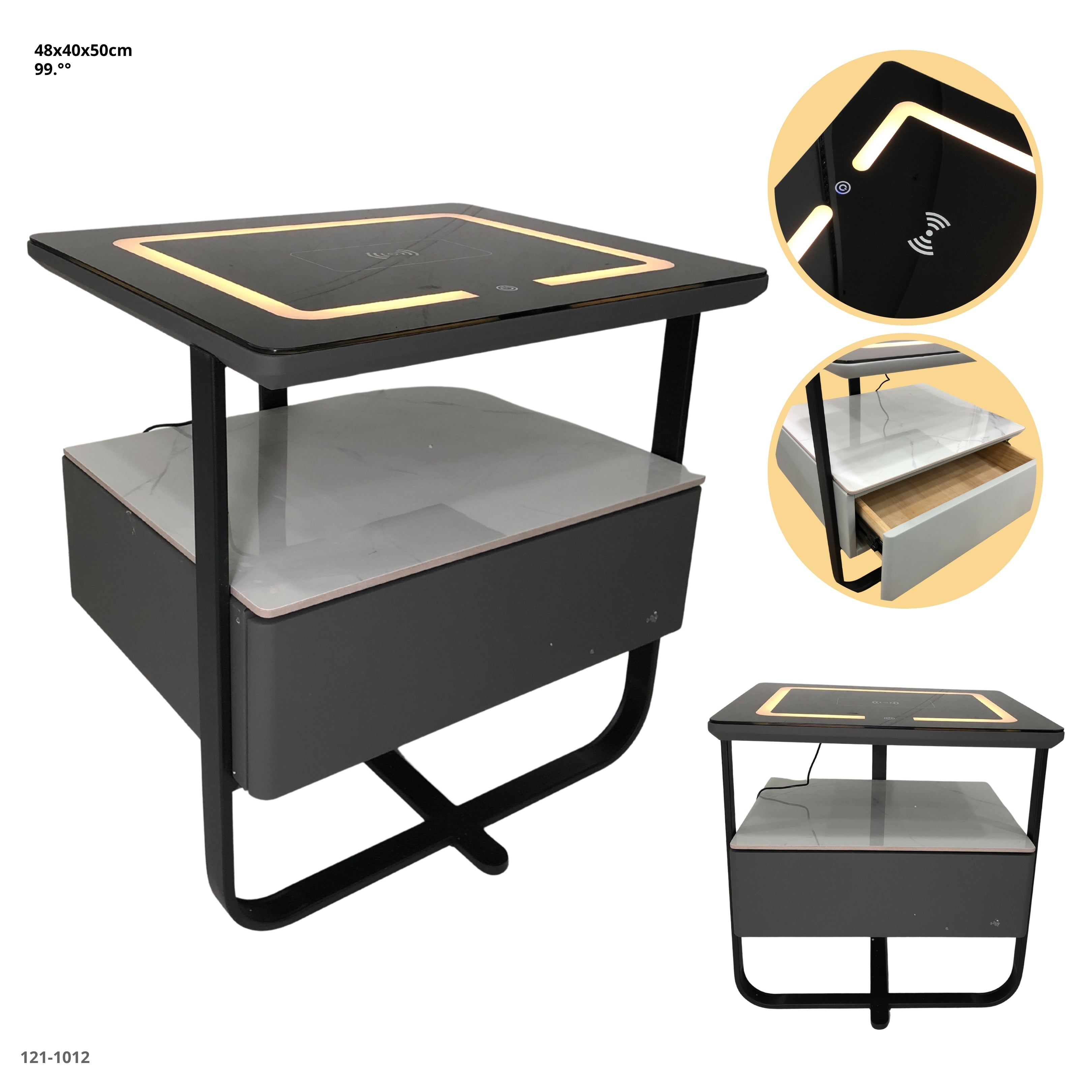 MESITA GRIS OSCURO DE NOCHE CON LUZ+CARGADOR 1 GAVETA