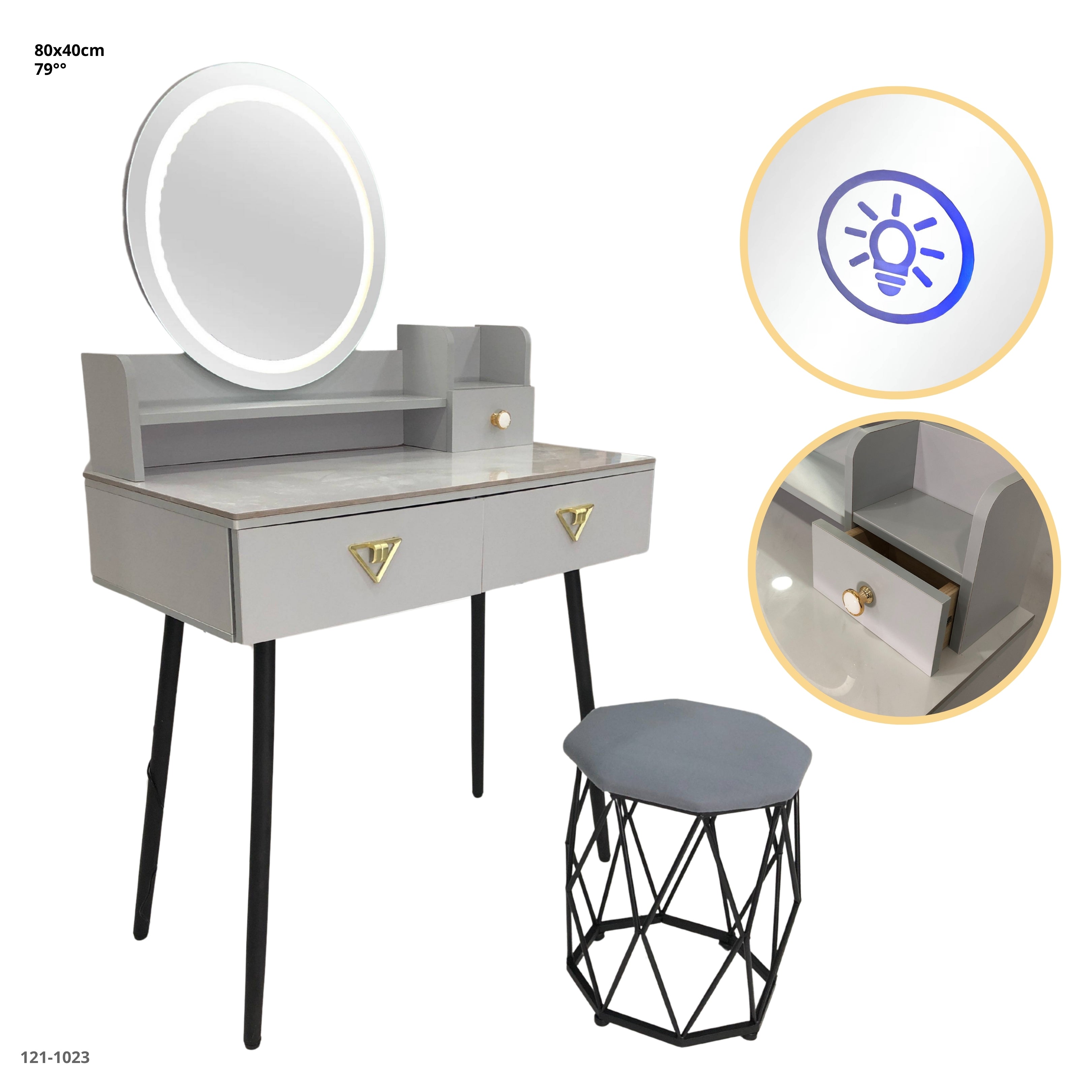 VANITY CON ESPEJO/LUZ Y TABURETE 80*40CM