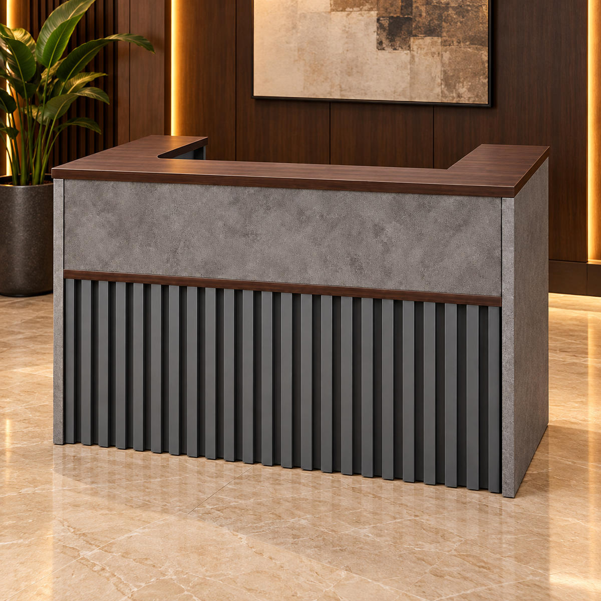 Recepción 122-1055 en ambiente de oficina con madera e iluminación cálida