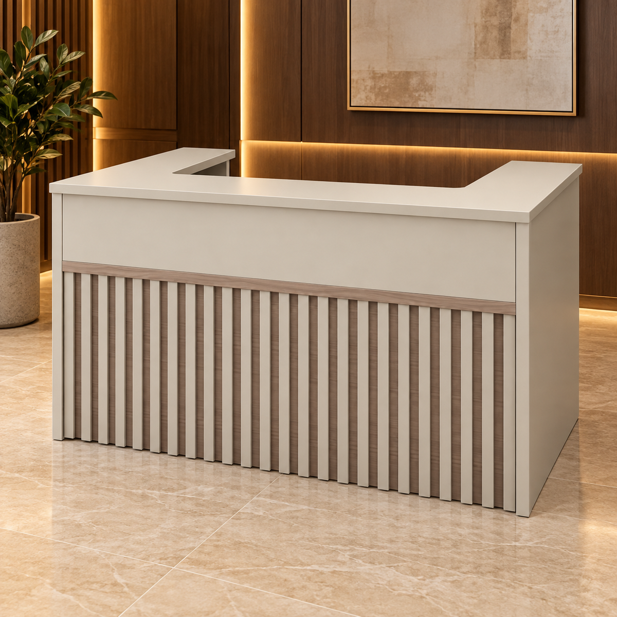 Recepción 122-1056 en ambiente de oficina con madera e iluminación cálida