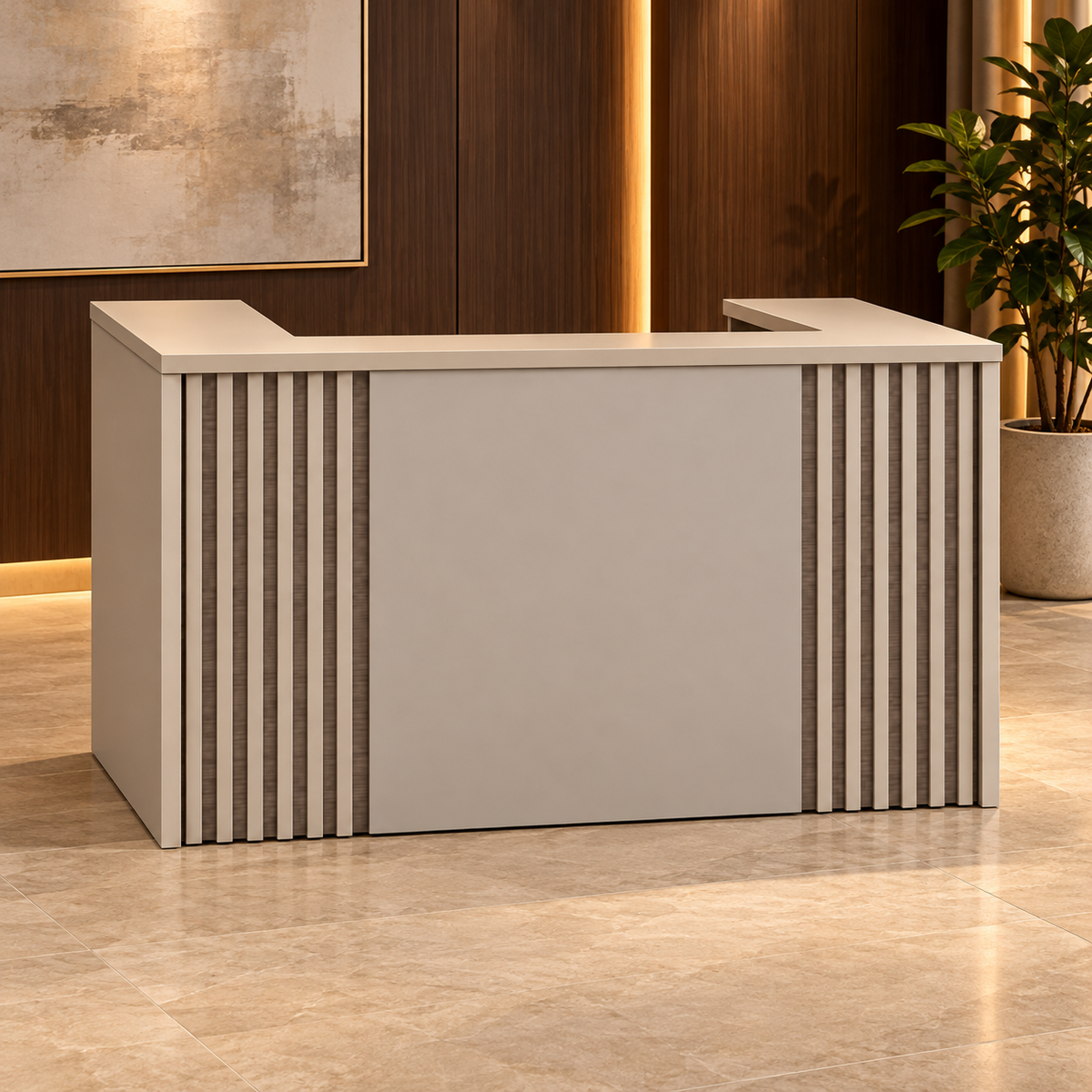 Recepción 122-1060 en ambiente de oficina con madera e iluminación cálida