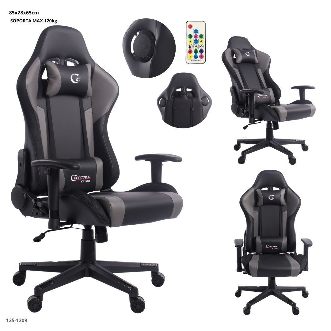 SILLA GAMING NEGRO/GRIS OSCURO C/BOCINA+LUZ LED