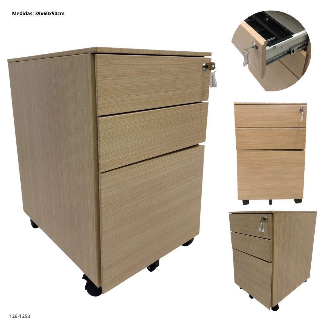 ARCHIVADOR METALICO 3 GAVETAS PEQUEÑO COLOR MADERA CLARO CON RUEDA