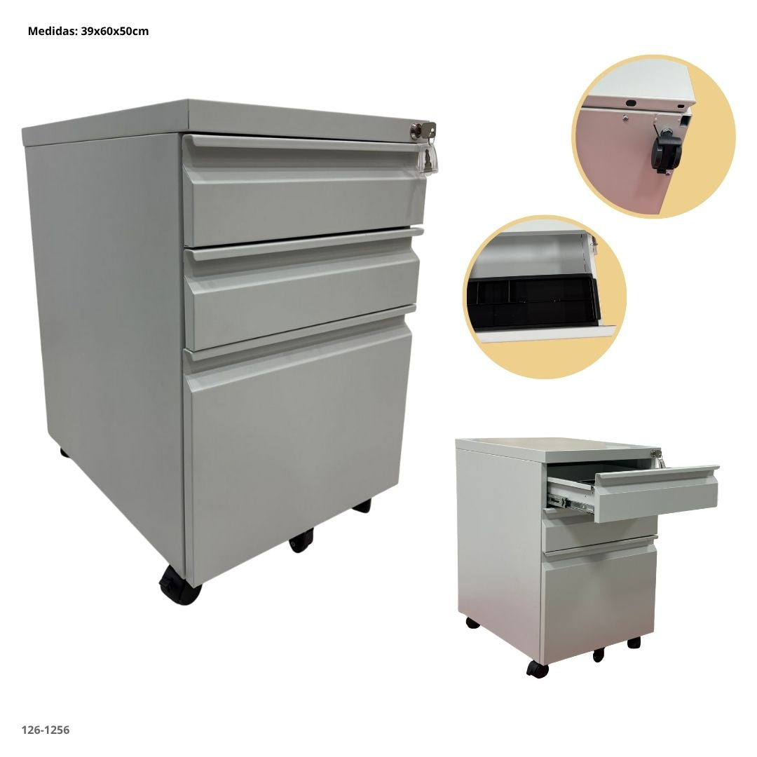 ARCHIVADOR METALICO 3 GAVETAS PEQUEÑO GRIS CLARO CON RUEDA 1