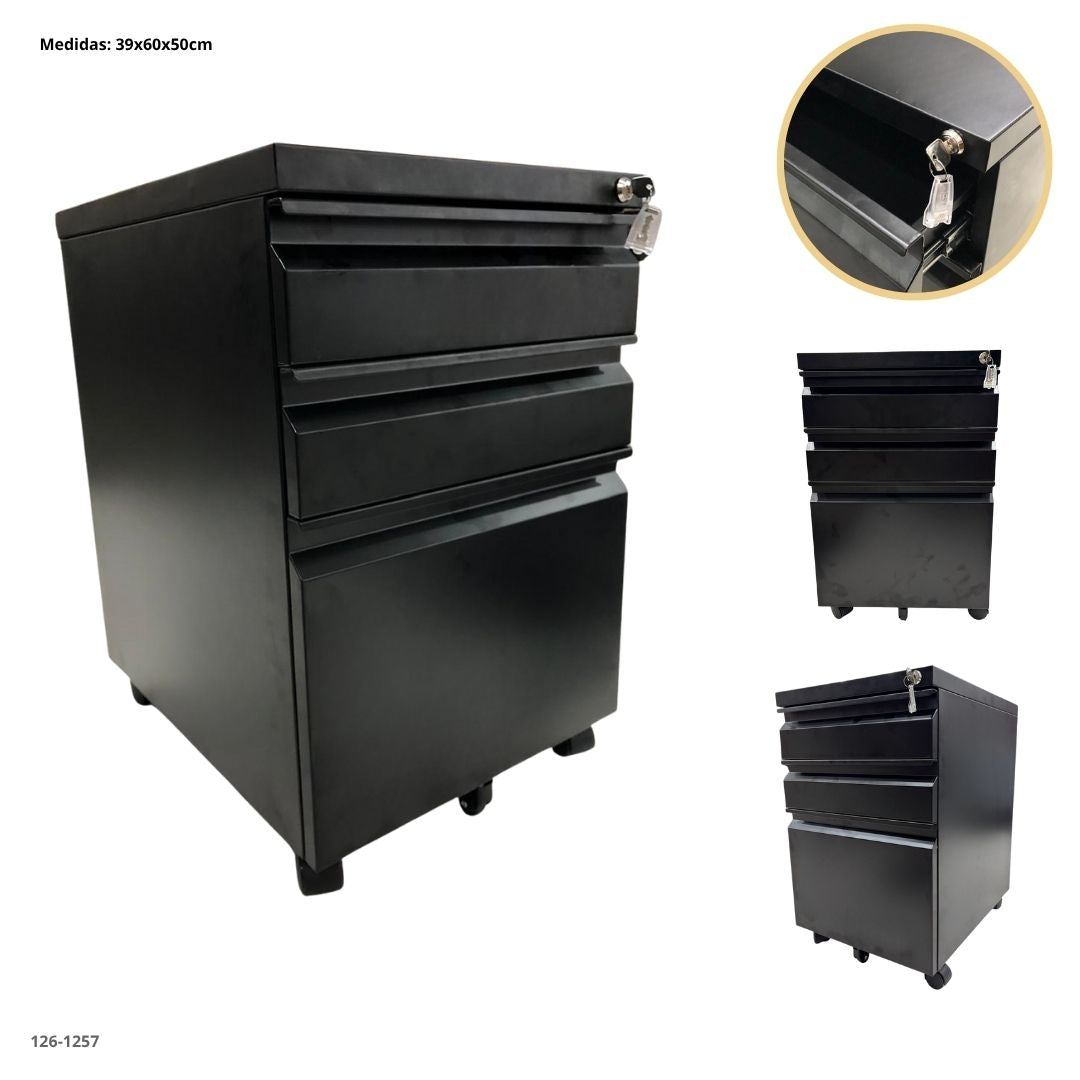 ARCHIVADOR METALICO 3 GAVETAS PEQUEÑO NEGRO CON RUEDAS 2
