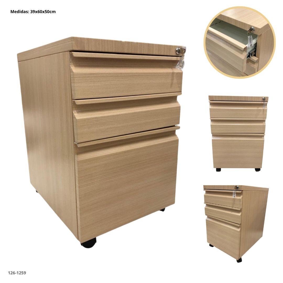 ARCHIVADOR METALICO 3 GAVETAS PEQUEÑO COLOR MADERA CLARO CON RUEDA - madera