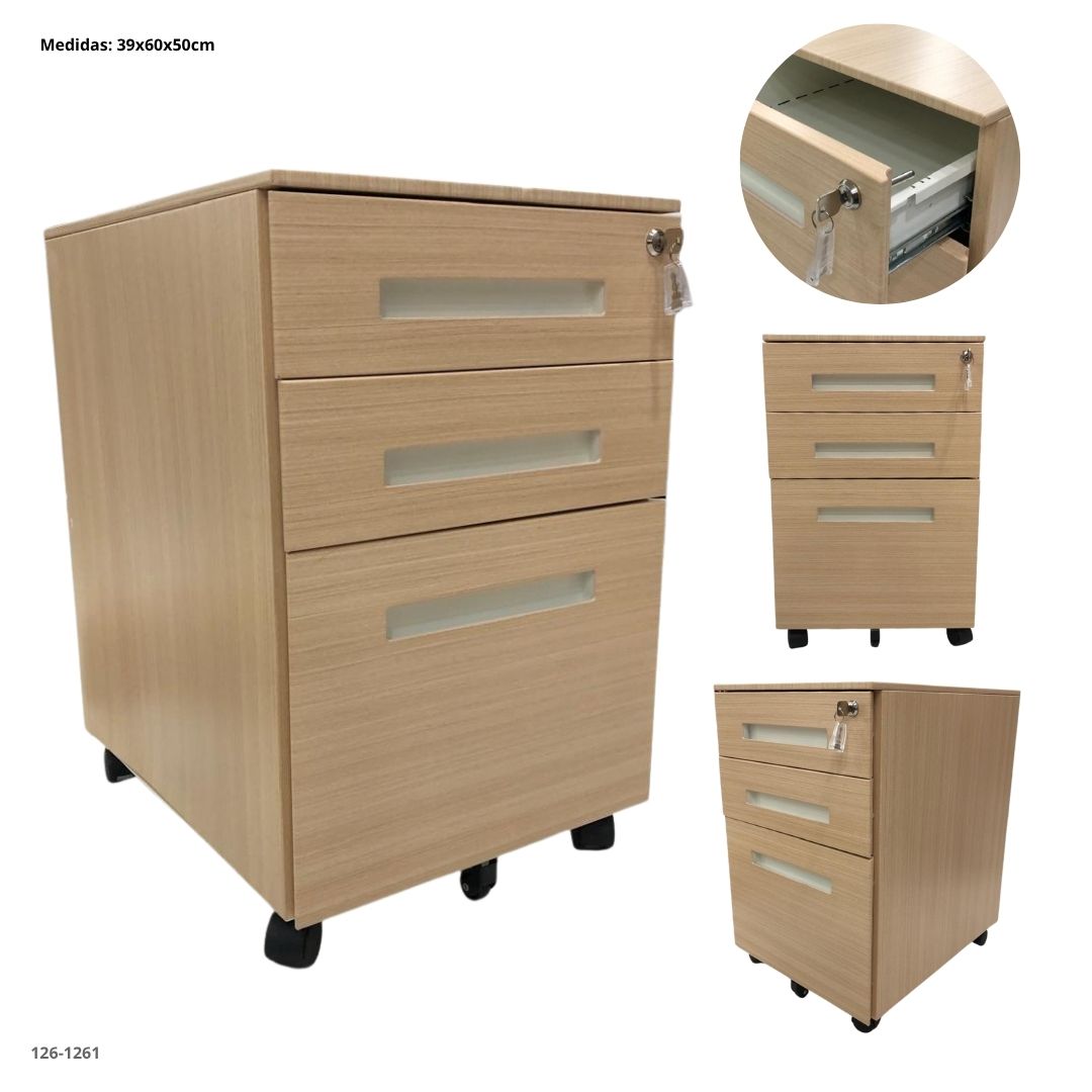 ARCHIVADOR METALICO 3 GAVETAS PEQUEÑO COLOR MADERA CLARO CON RUEDAS