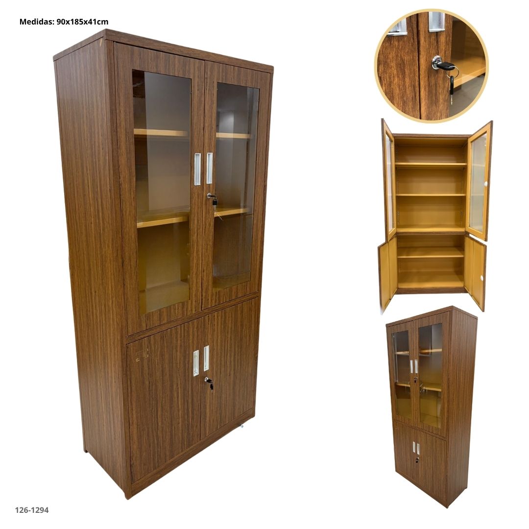GABINETE METALICO CON  2 PUERTAS VIDRIO Y 2 DE METAL COLOR MADERA OSCURO