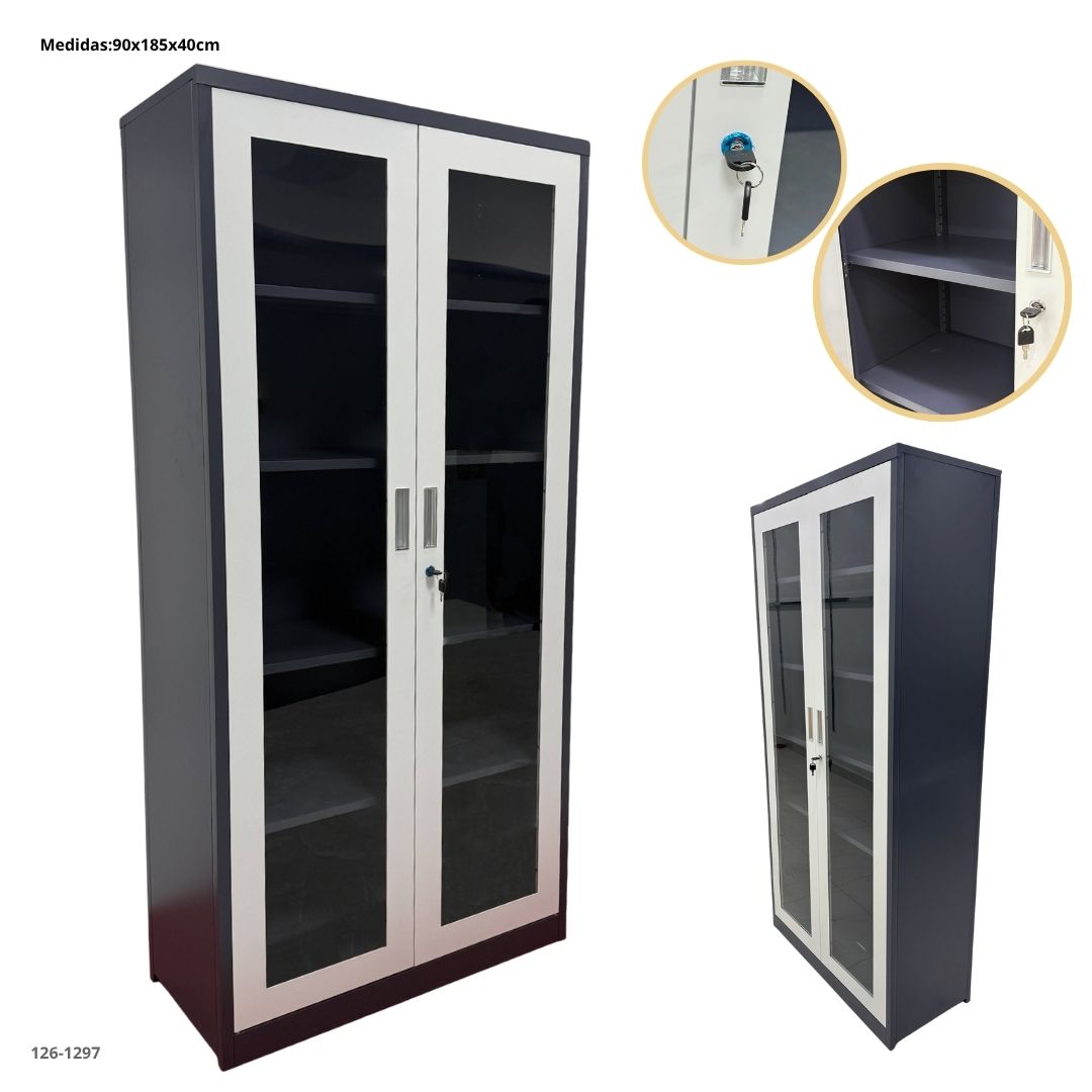 GABINETE METALICO CON 2 PUERTAS DE VIDRIO GRIS OSCURO/BLANCO