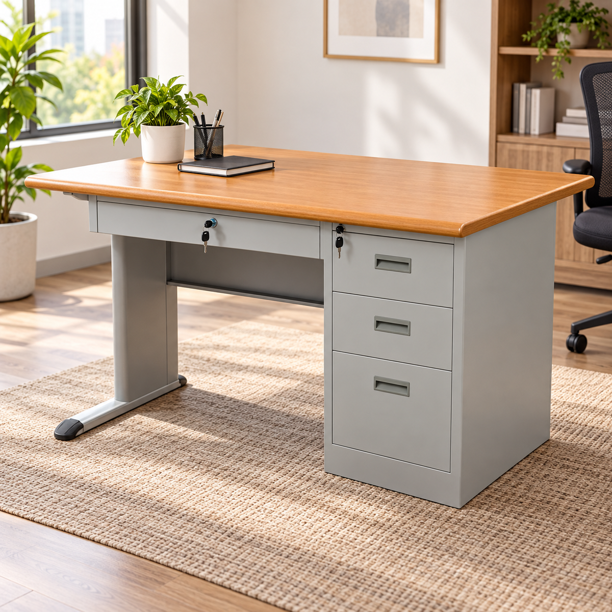 Escritorio de Oficina Metalico Gris Claro con 4 Gavetas 120*60*75CM en ambiente