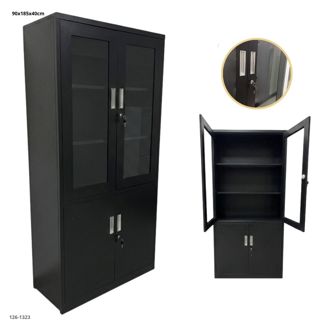 GABINETE METALICO CON  2 PUERTAS VIDRIO Y 2 DE METAL NEGRO PLEGABLE 185x90x40