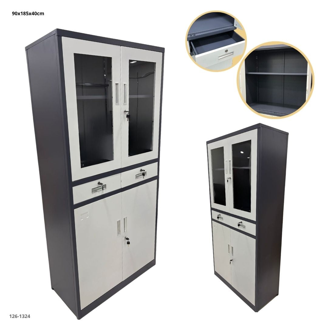 GABINETE METALICO CON 2 GAVETAS Y 2 PUERTAS DE VIDRIO Y 2 METAL GRIS OSCURO/BLANCO PLEGABLE 185x90x4