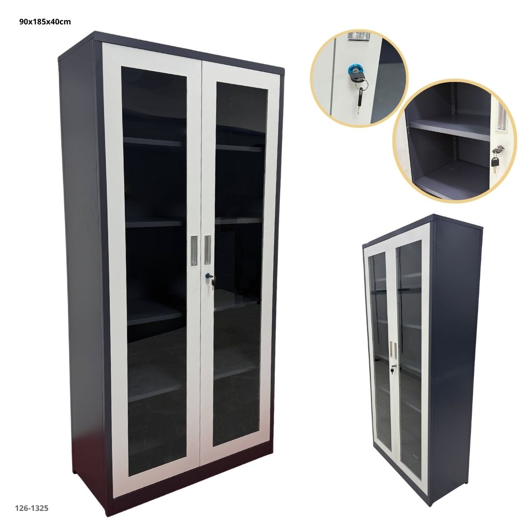 GABINETE METALICO CON 2 PUERTAS DE VIDRIO GRIS OSCURO/BLANCO PLEGABLE 185*90*40CM