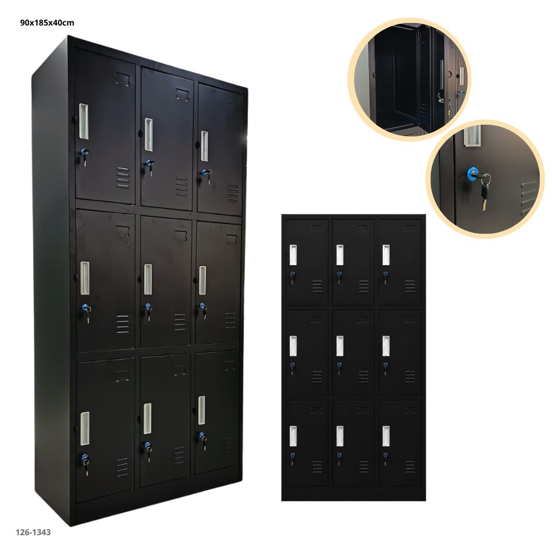 CASILLERO METALICO 9 PUERTAS NEGRO ALDABA 185x90x40cm