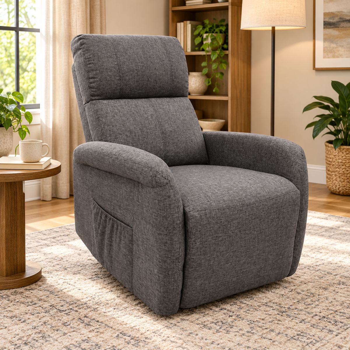 Sofa Reclinable Electrico Asistencia Mayor Tela Gris en ambiente