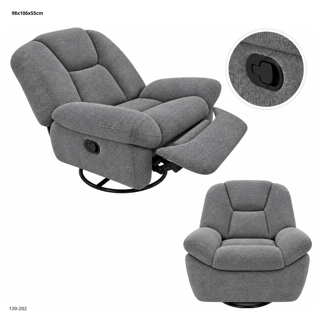 Sillón Reclinable Giratorio Mecedora Grande en Tela Chenille 104x93x105 cm Gris - Ref. 130-202