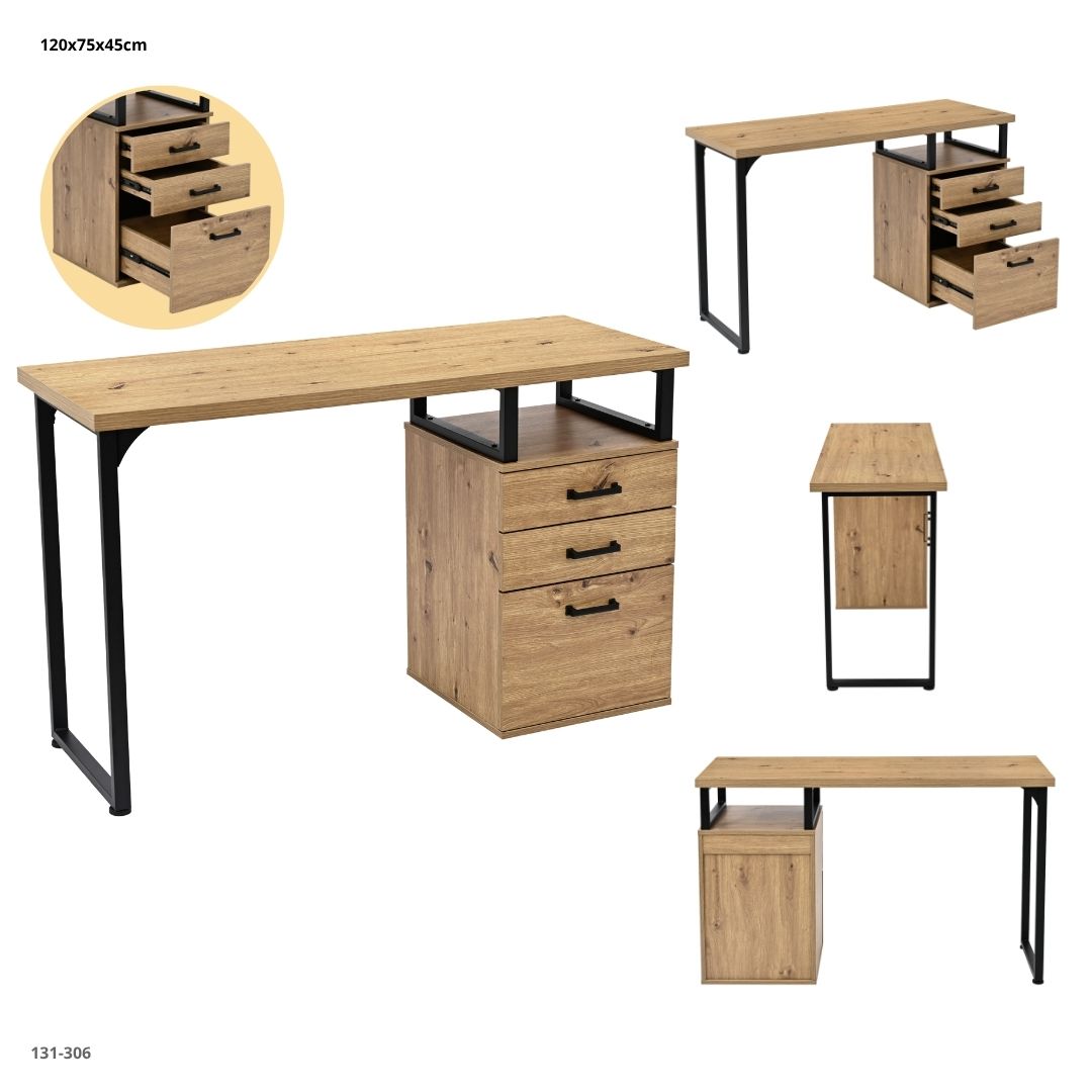 Escritorio con Cajonera de 3 Gavetas 120x45x75 cm - medidas y vistas del producto