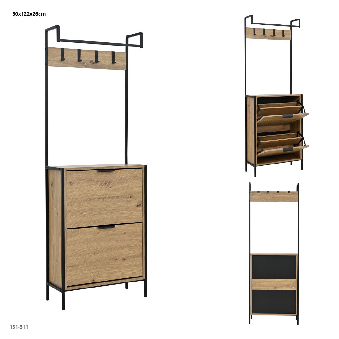 Mueble de Entrada con Perchero y Zapatera 60x26x122 cm - medidas y vistas del producto