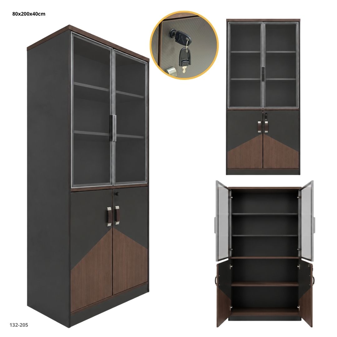 Librero de oficina 80x200x40 cm con puertas de vidrio y gabinete con llave (132-205)