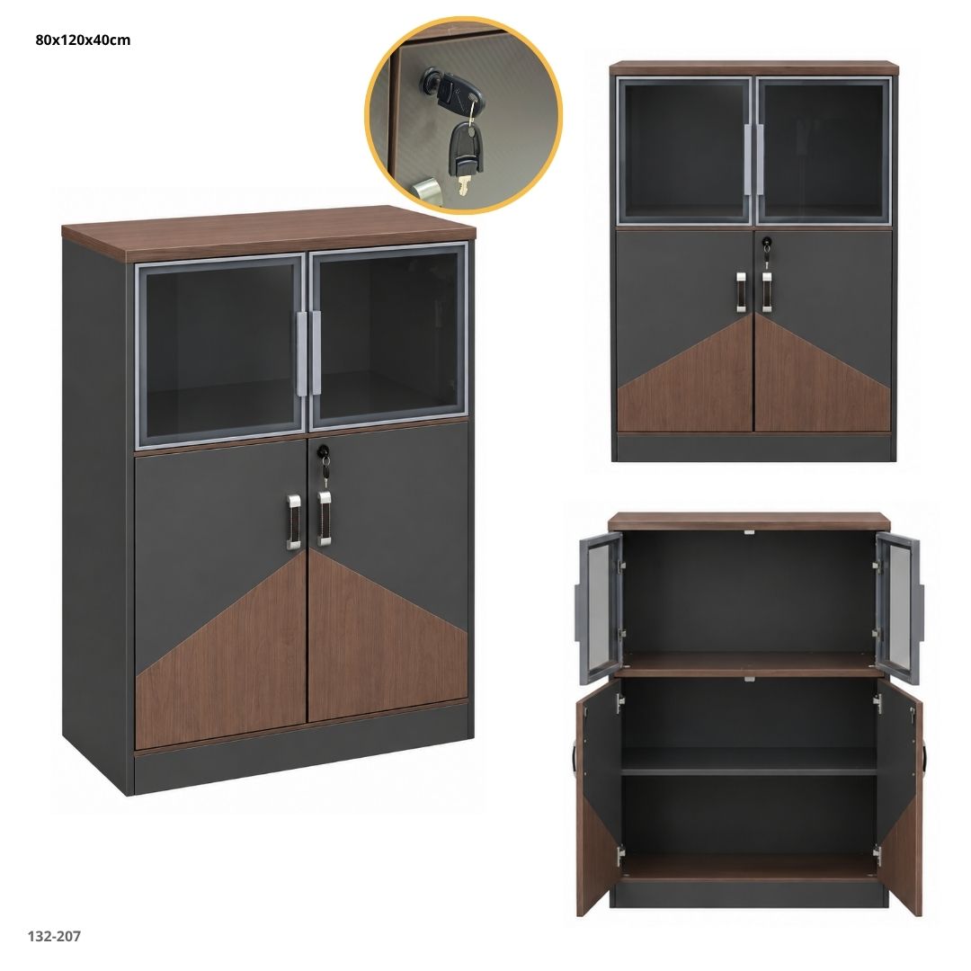 Librero de oficina 80x120x40 cm con puertas de vidrio y gabinete con llave (132-207)