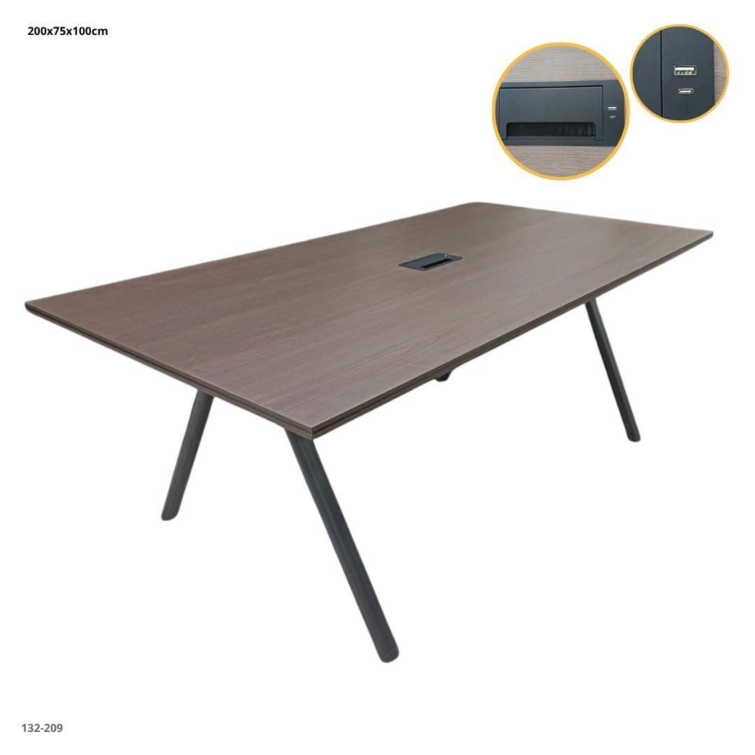 Mesa de conferencia chocolate 200x75x100 cm con pasacables y puertos USB (132-209)