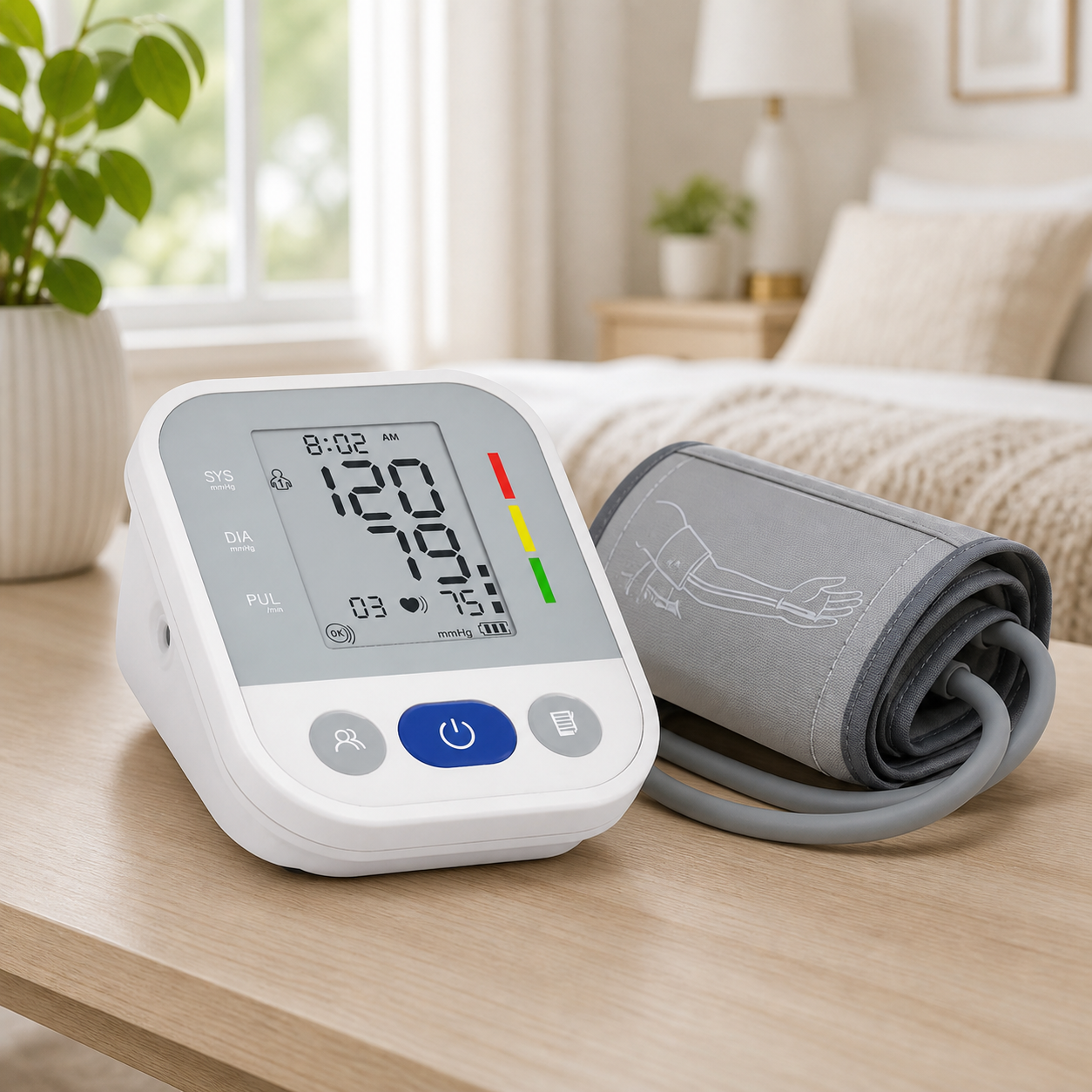 Tensiómetro digital con brazalete en mesa de hogar