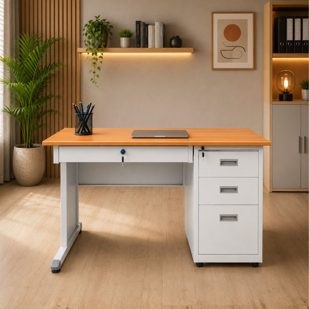 ESCRITORIO DE OFICINA METALICO CON 4 GAVETAS BEIGE