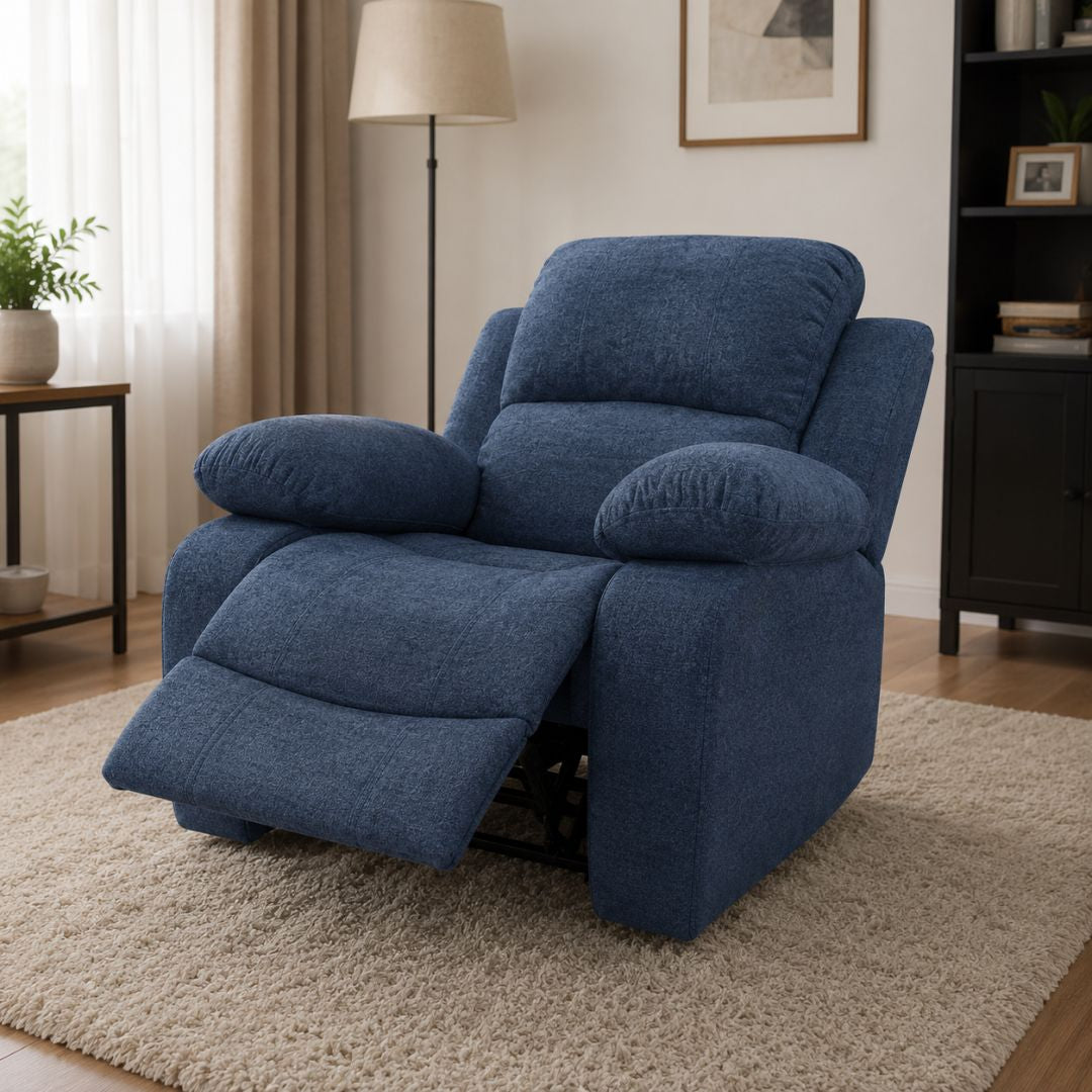 SOFA RECLINABLE GIRATORIO MECEDORA DE TELA AZUL
