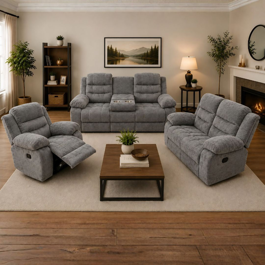JUEGO DE SOFA GRIS RECLINABLE DE 3 PZA TELA
