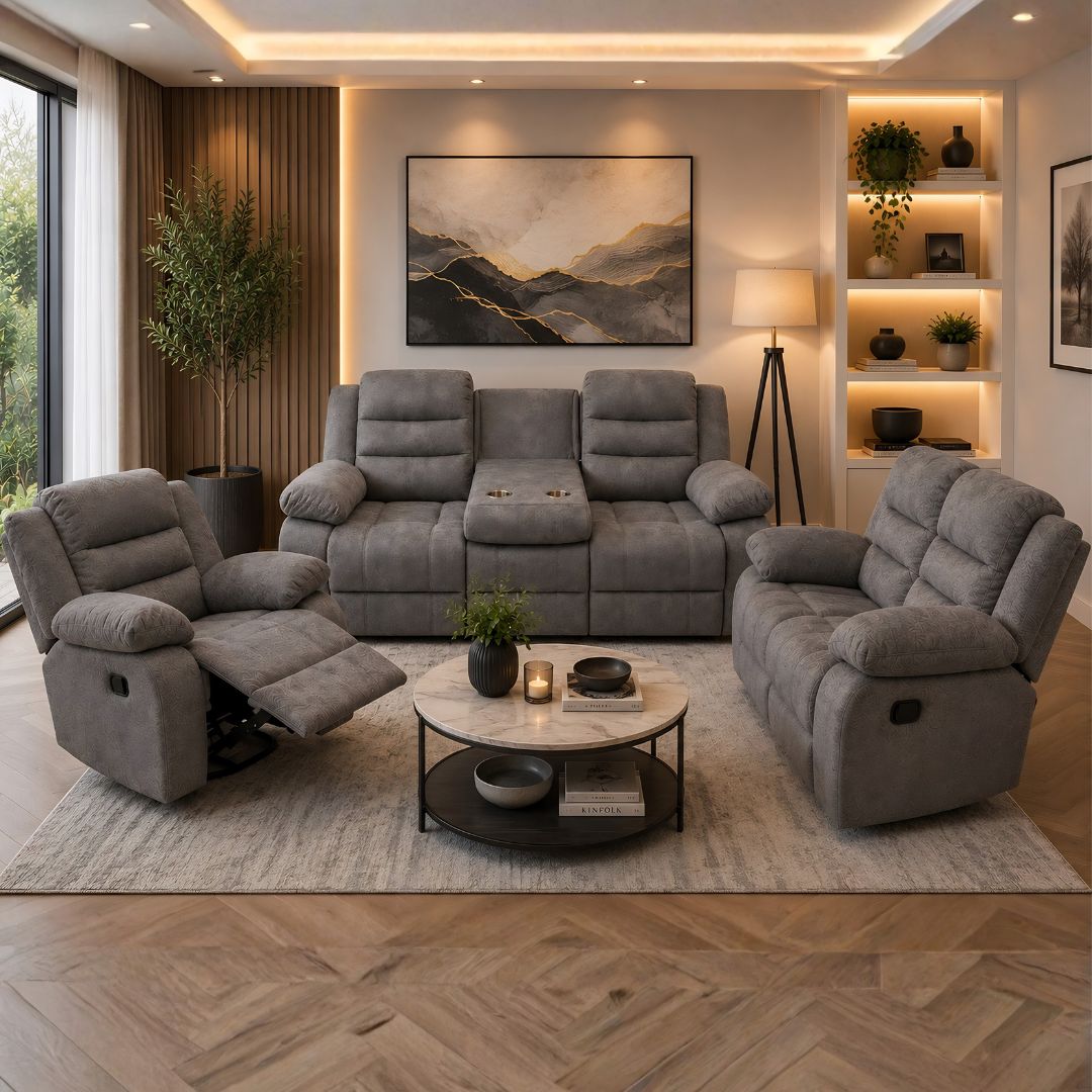 JUEGO DE SOFA GRIS ATE RECLINABLE DE 3 PZA TELA