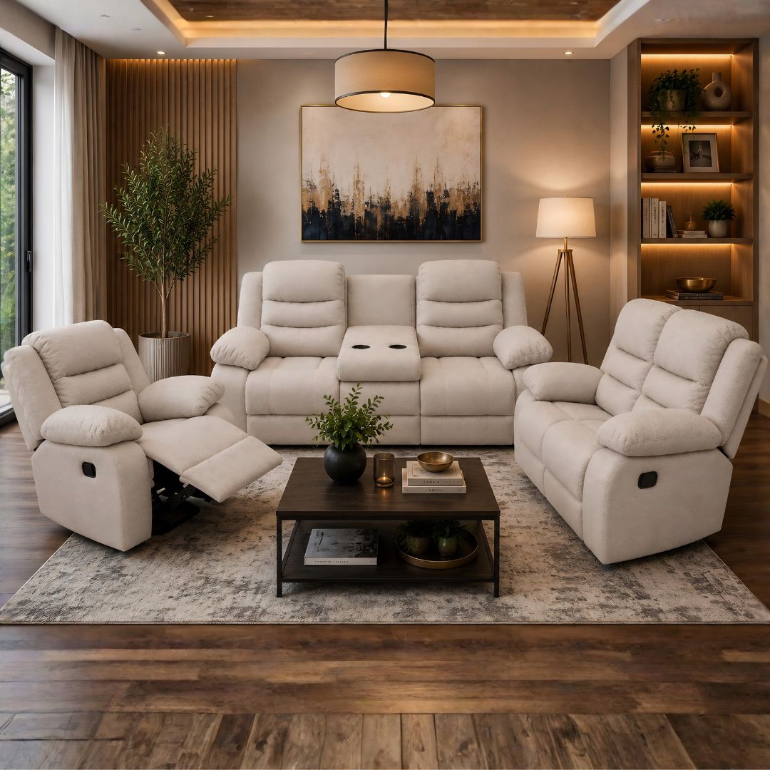 JUEGO DE SOFA BEIGE ATE RECLINABLE DE 3 PZA TELA