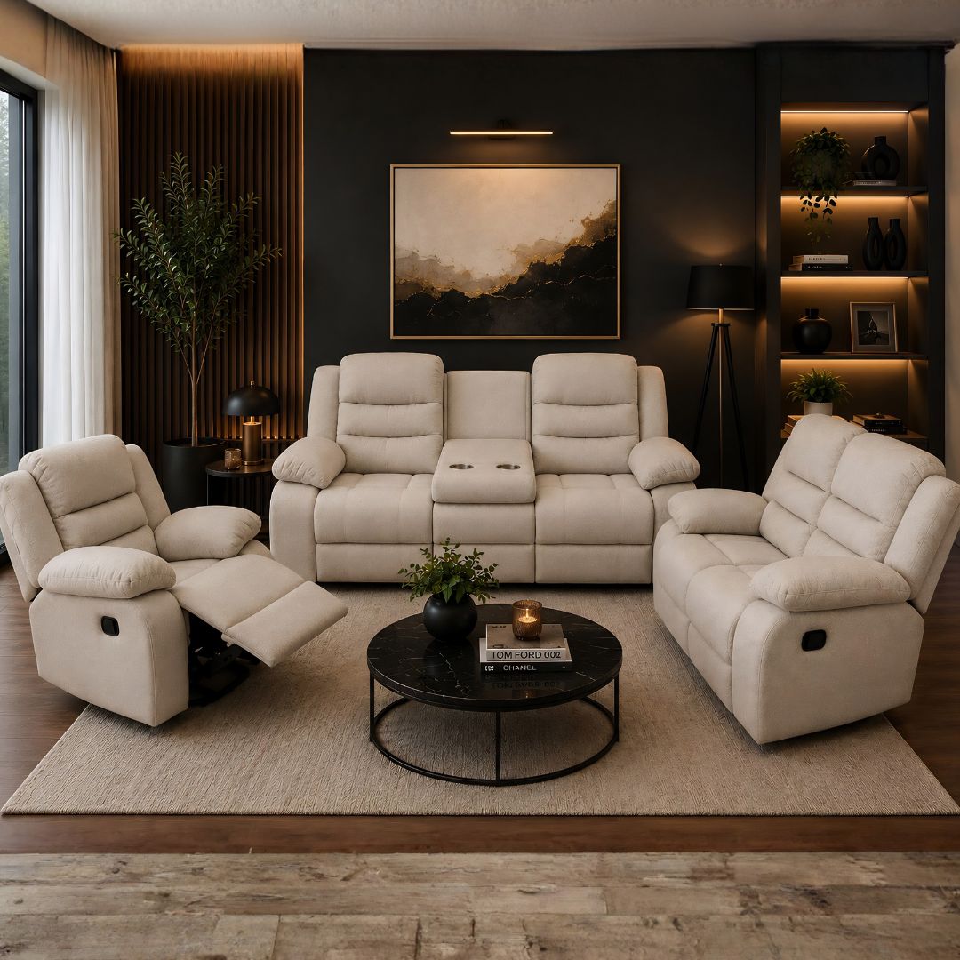 JUEGO DE SOFA BEIGE ATE RECLINABLE DE 3 PZA TELA
