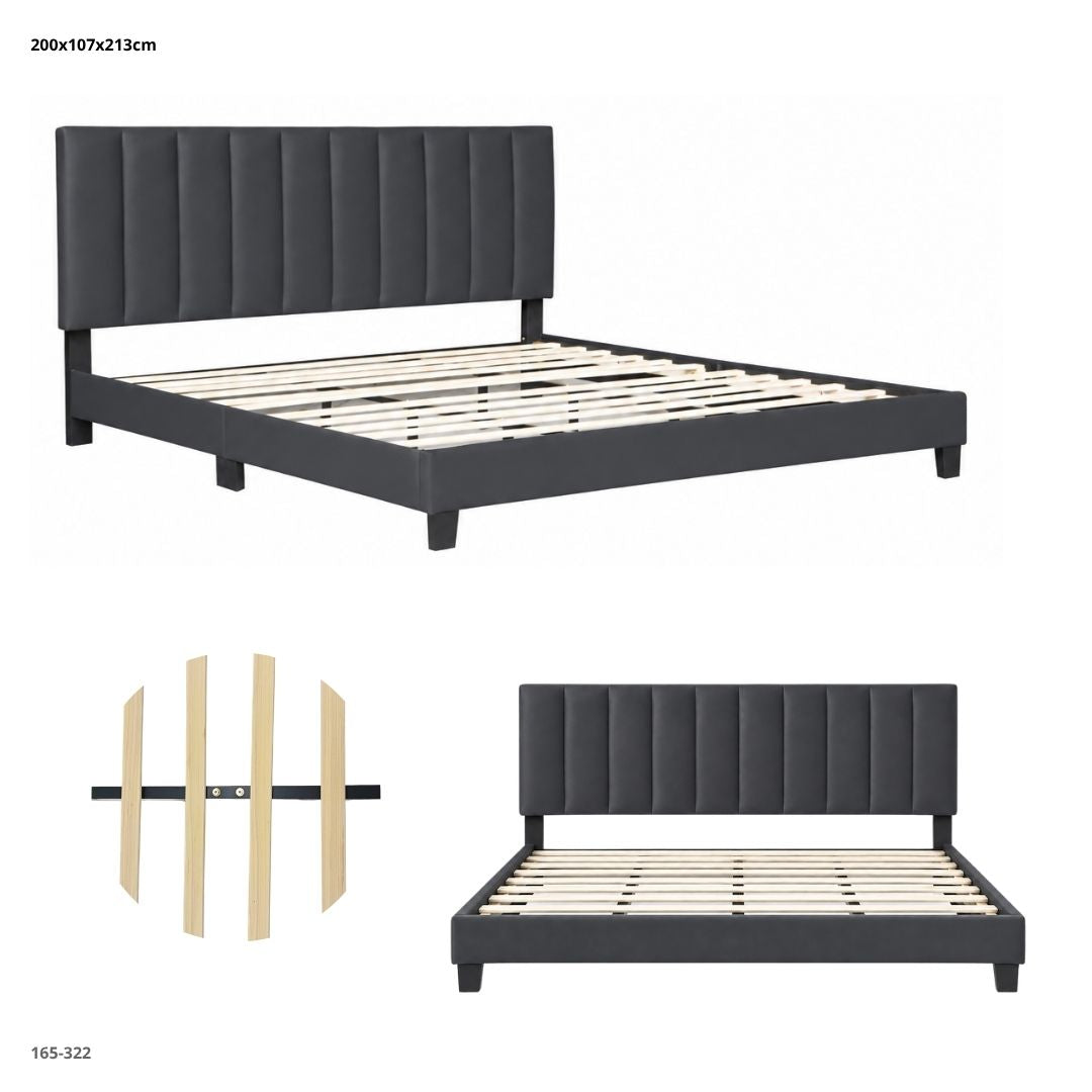 Cama Tapizada en Velvet con Cabecera de Franjas Verticales Gris Oscuro