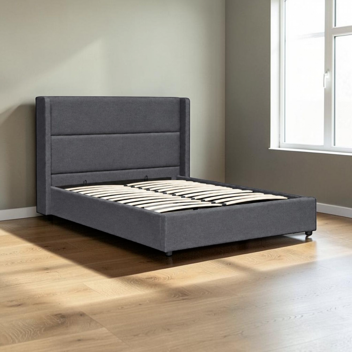 Cama con Depósito Elevable en Tela en ambiente