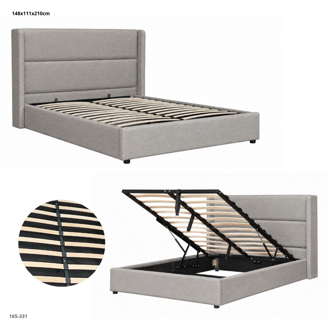 Cama con Depósito Elevable en Tela Gris Claro - Full, vistas y medidas (165-331)