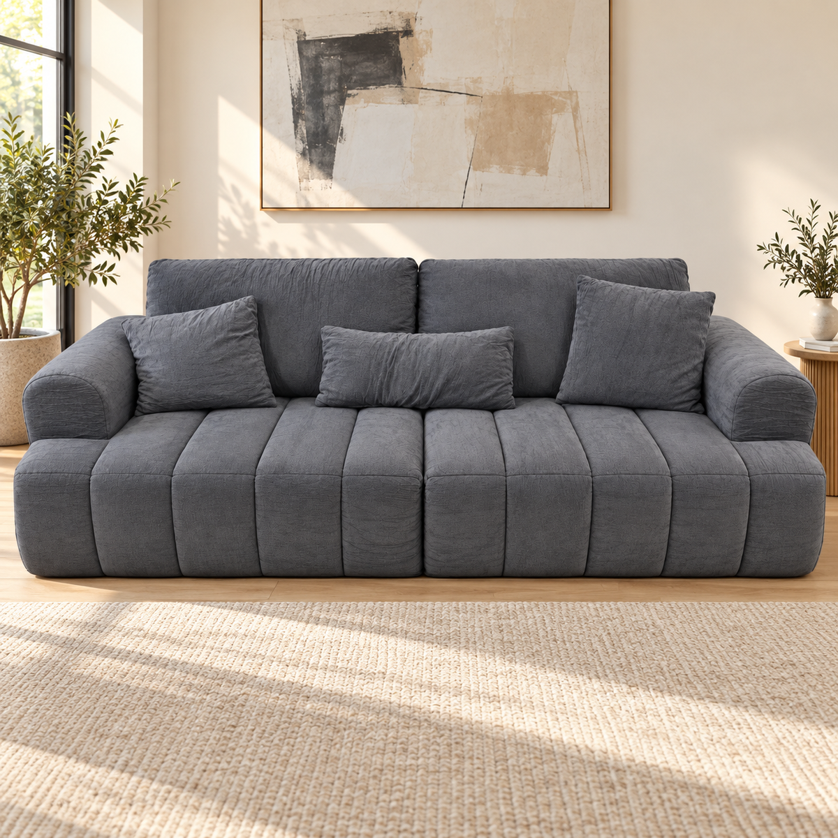 Sofá Comprimido 3 Puestos en Chenille Gris 223x78x100 cm en ambiente de sala con luz natural