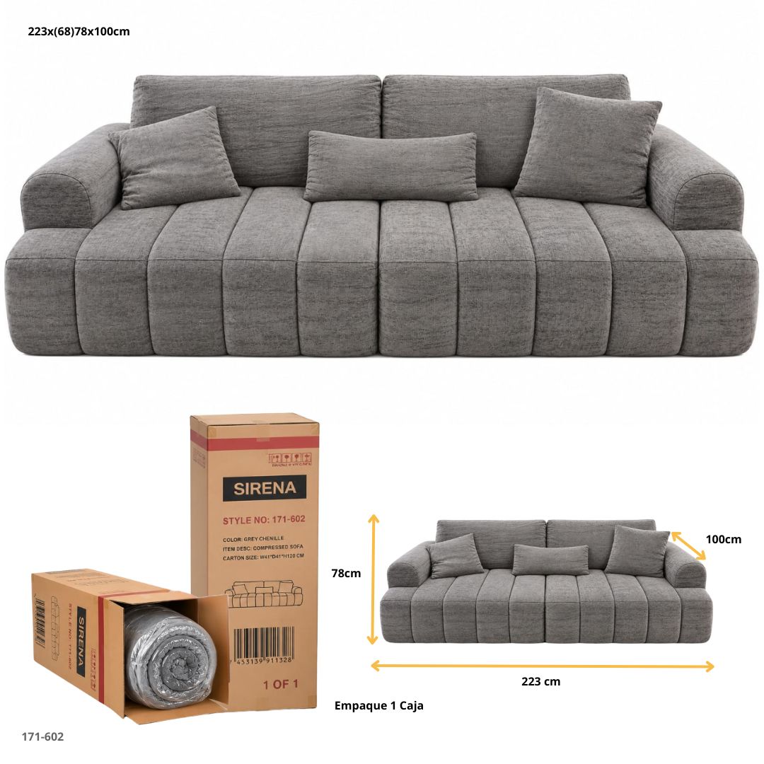 Sofá Comprimido 3 Puestos en Chenille Gris Jaspeado 223x78x100 cm - medidas y empaque en caja (171-602)