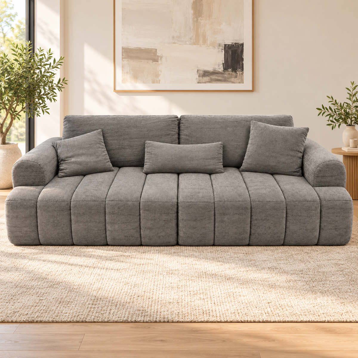 Sofá Comprimido 3 Puestos en Chenille Gris Jaspeado 223x78x100 cm en ambiente de sala con luz natural