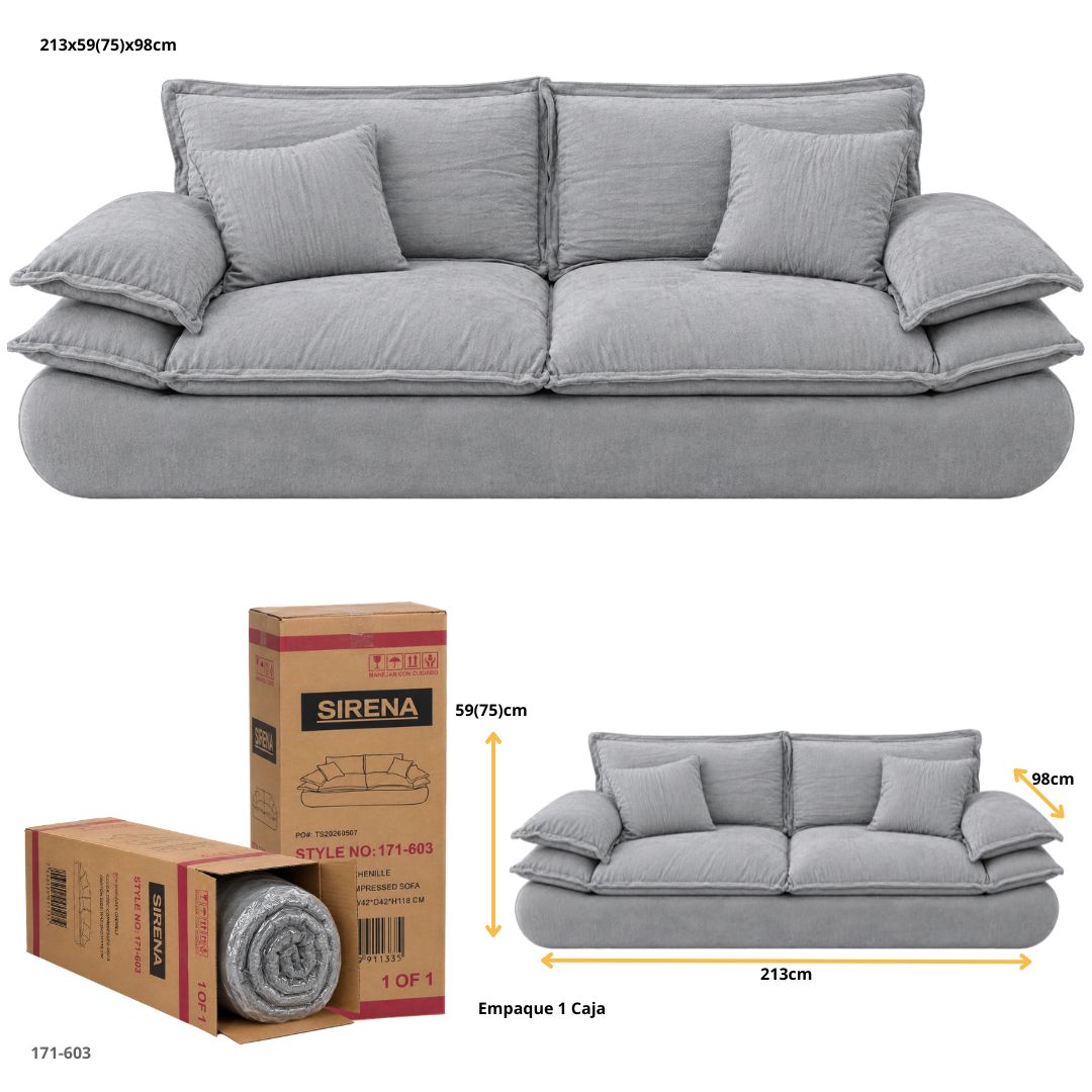 Sofá Comprimido Tipo Nube en Chenille Gris Claro 213x75x98 cm - medidas y empaque en caja (171-603)