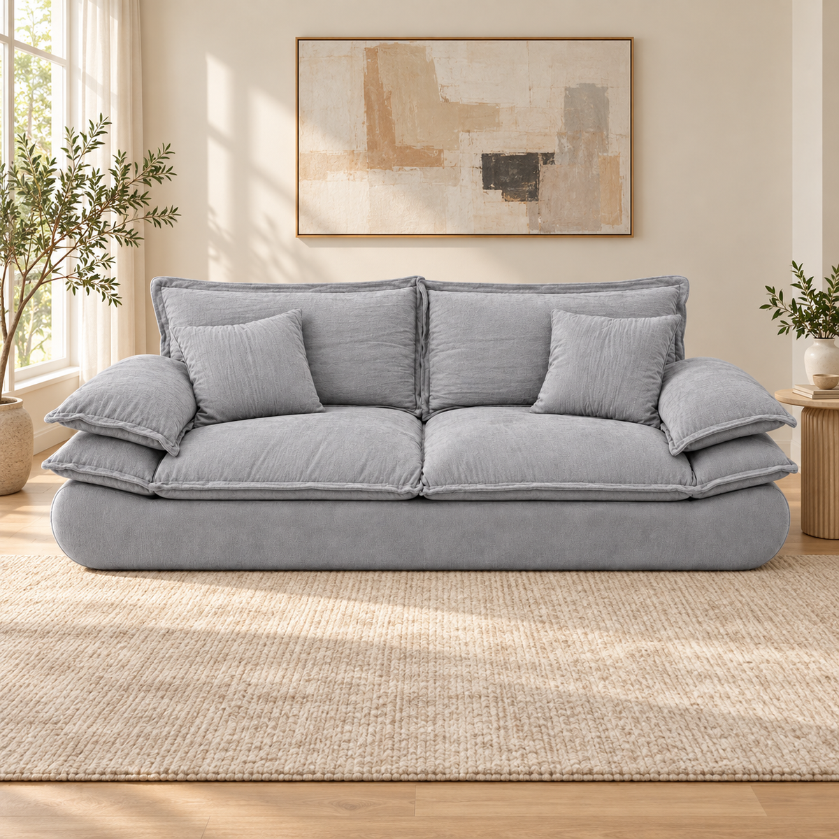 Sofá Comprimido Tipo Nube en Chenille Gris Claro 213x75x98 cm en ambiente de sala con luz natural