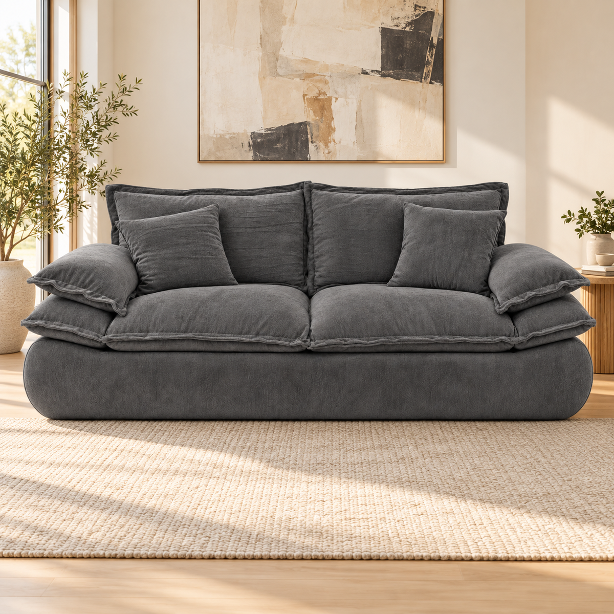 Sofá Comprimido Tipo Nube en Chenille Gris Oscuro 213x75x98 cm en ambiente de sala con luz natural