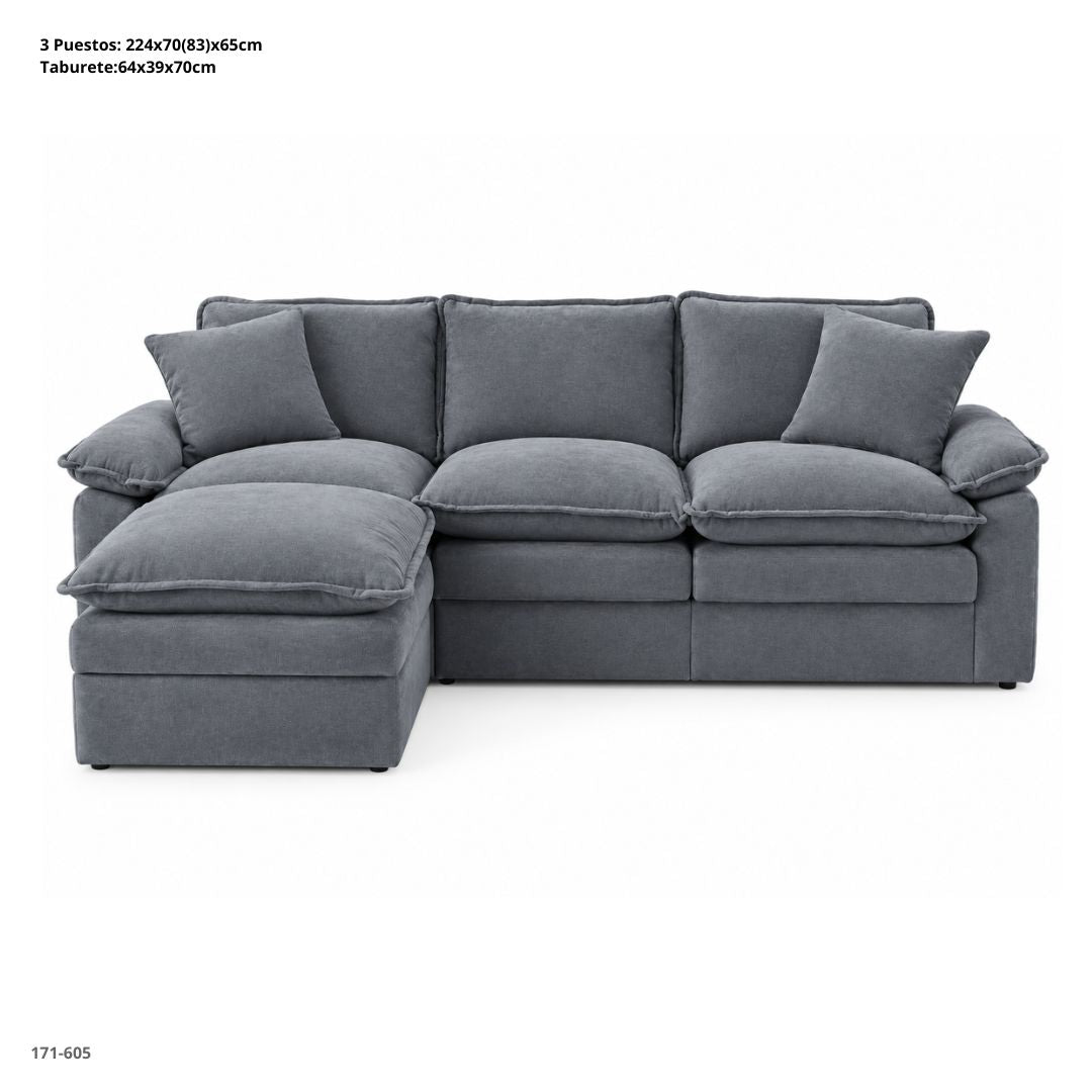 Sofá Comprimido en L de 3 Puestos con Taburete en Chenille Gris 224 cm - vista frontal (171-605)