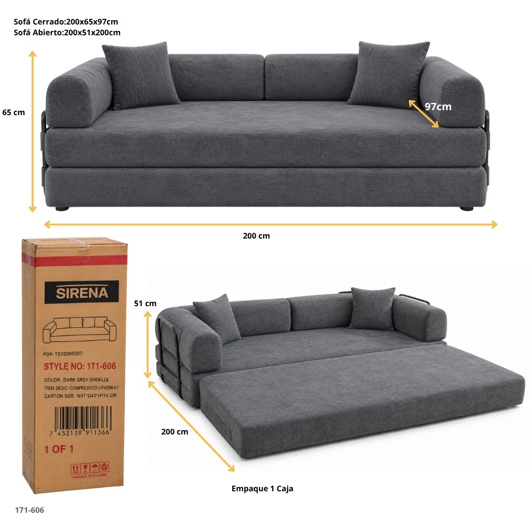 Sofá Cama Comprimido en Chenille Gris Oscuro 200 cm - abierto como cama, medidas y empaque (171-606)