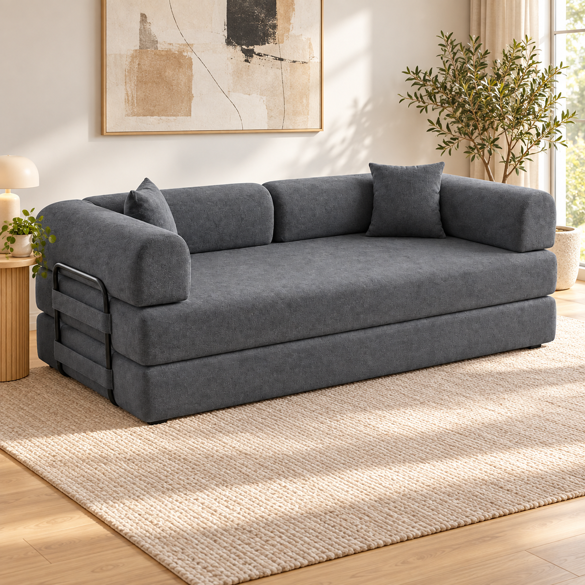 Sofá Cama Comprimido en Chenille Gris Oscuro 200 cm en ambiente de sala con luz natural