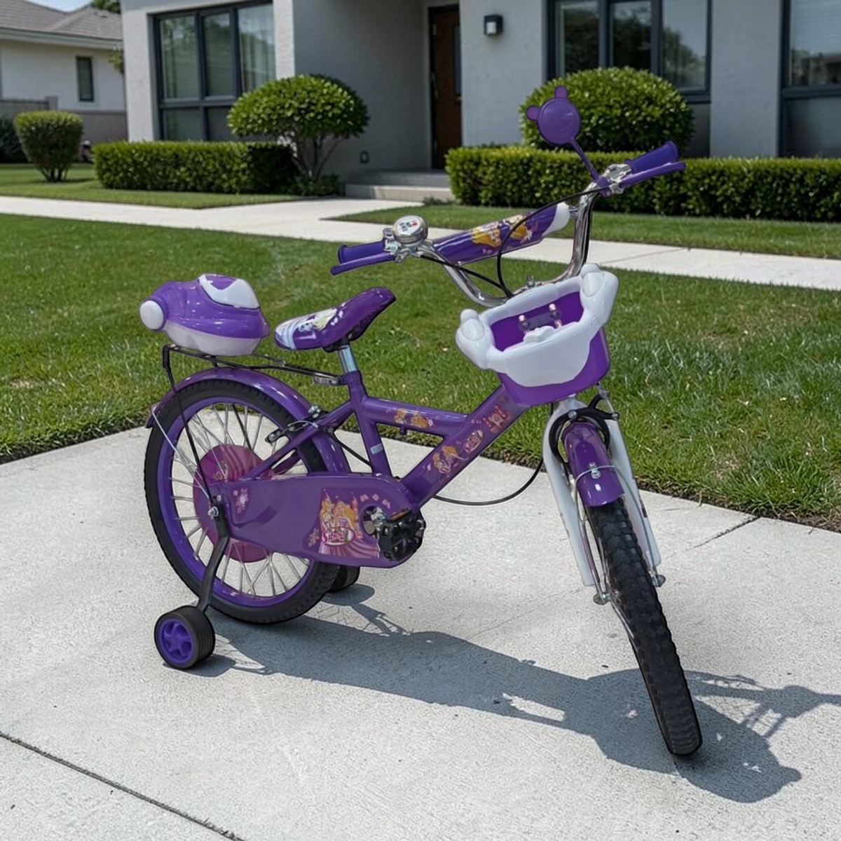 Bicicleta Infantil con Canasta, Portamuñeca y Casco 12" a 20" Morado en ambiente
