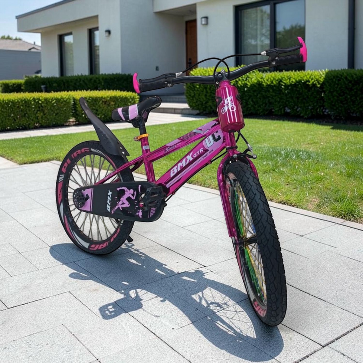 Bicicleta Infantil BMX con Termo y Ruedas de Apoyo 12" a 20" Fucsia en ambiente