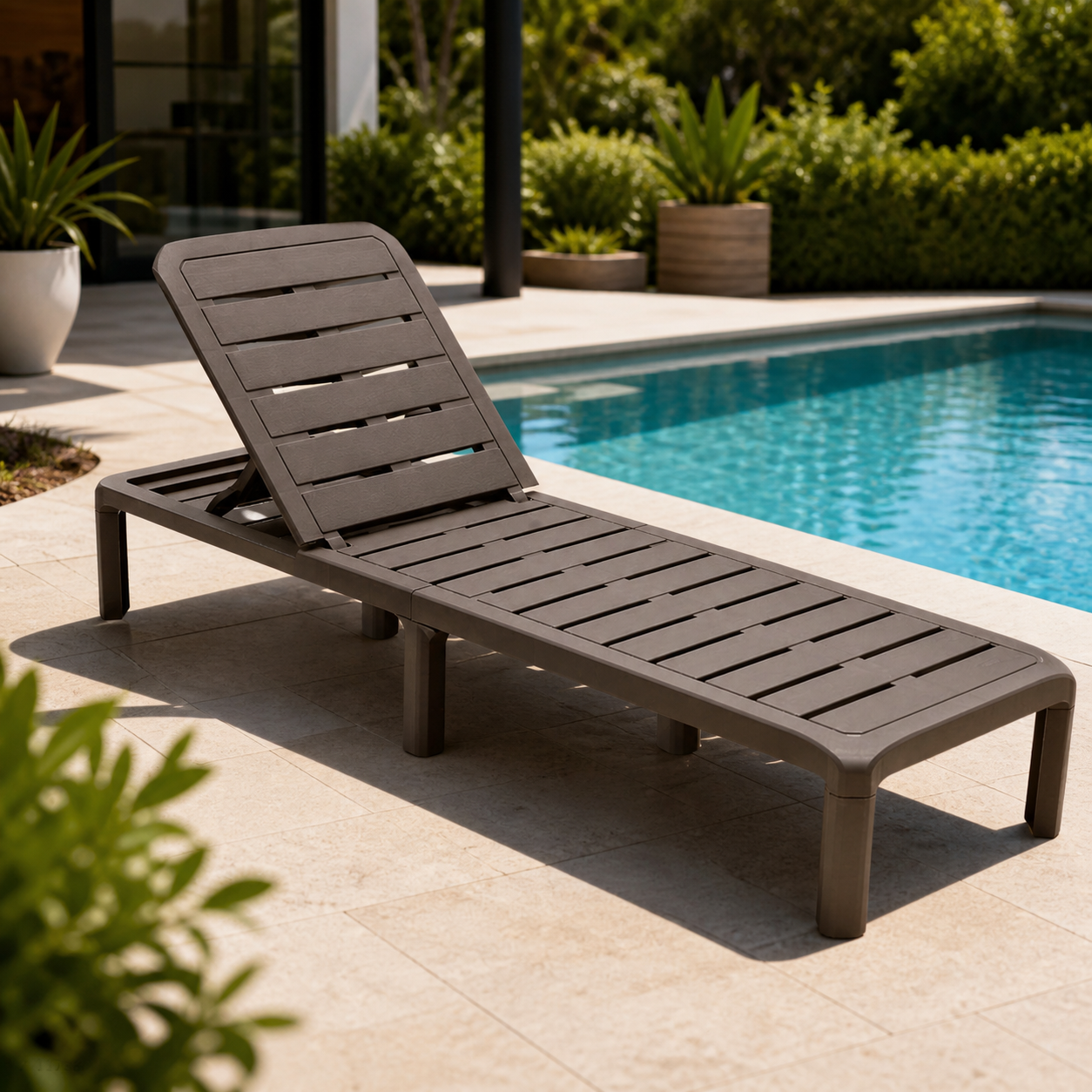 Cama asoleadora Baru mocca junto a piscina